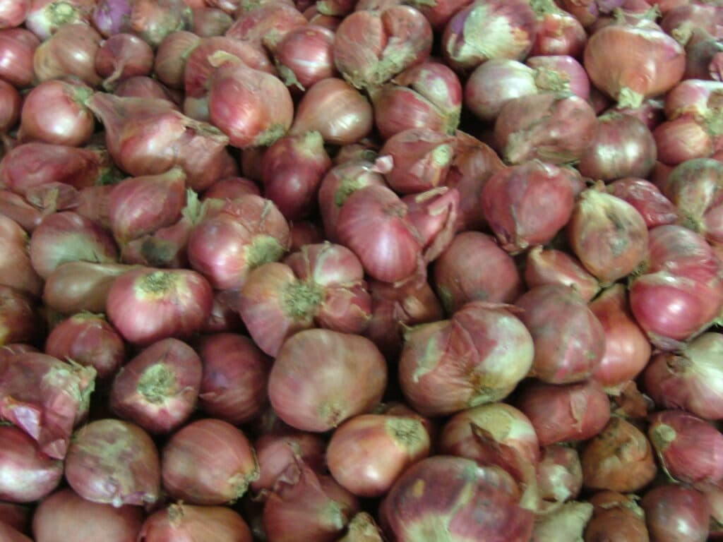 Tumpukan bawang merah dijual di lapak pasar.